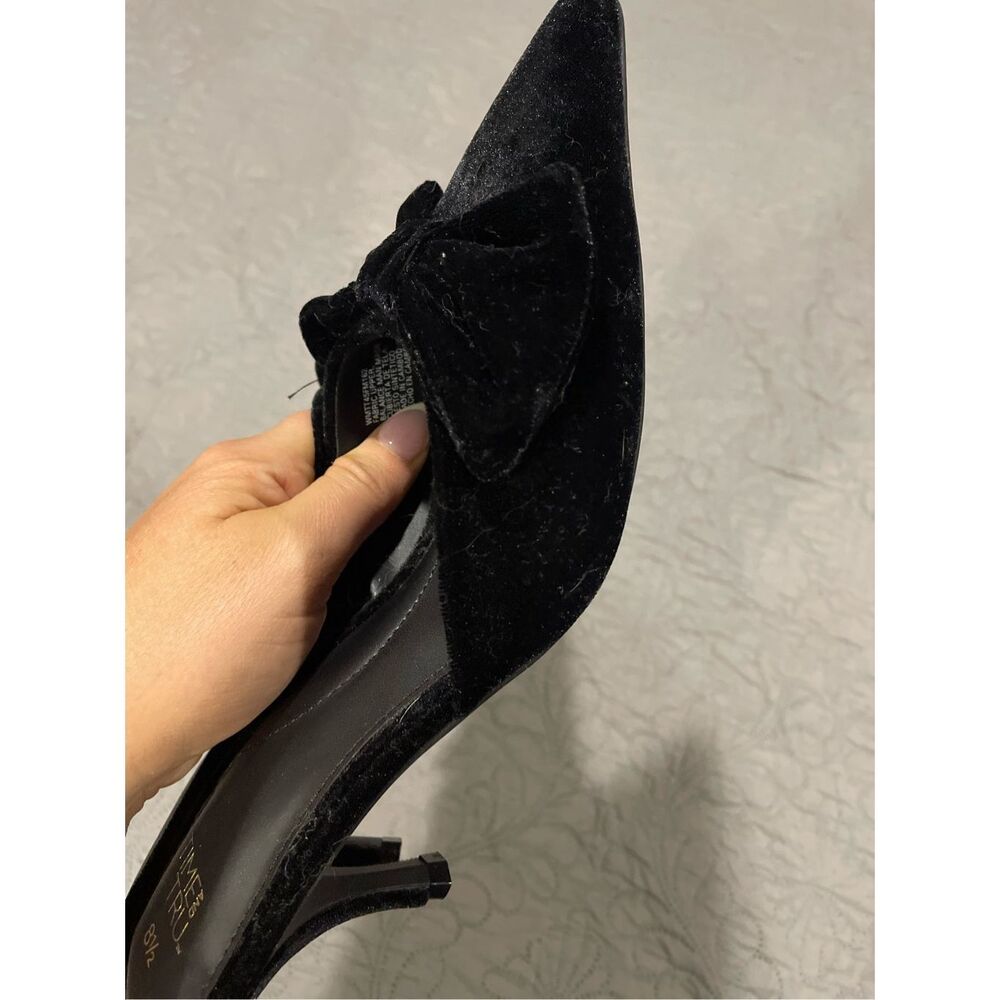 Time and Tru Black Velvet Pointed Toe Bow Mules Heels - Picture 4 of 5